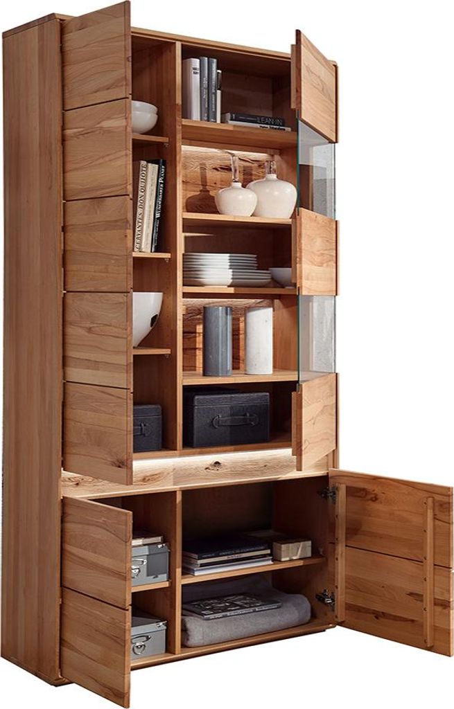 Wohnwand in Buche massiv geölt mit Couchtisch, Lowboard, Vitrine & LED-Beleuchtung, 4-teilig - WELLAND-69
