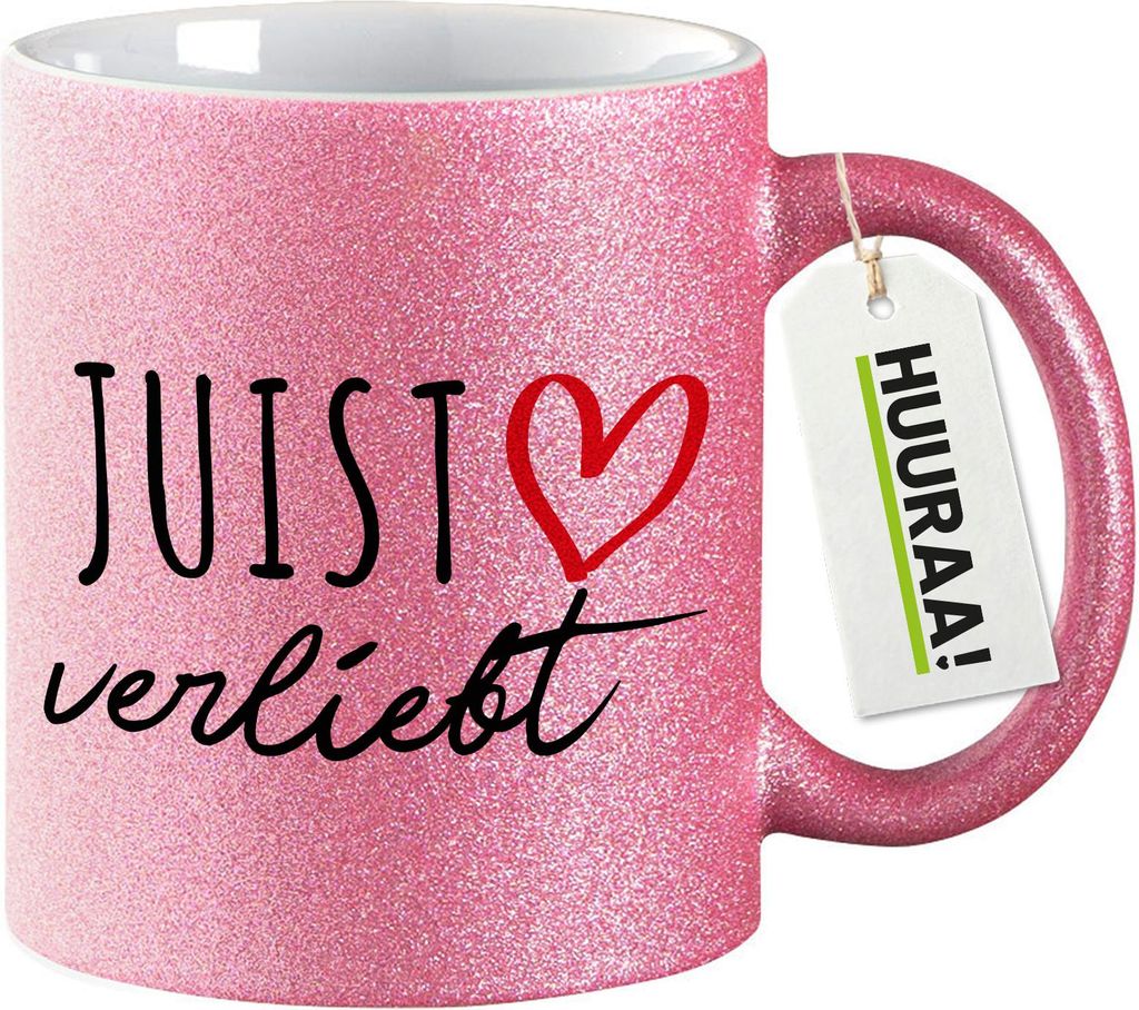 Huuraa Glitzertasse Juist verliebt 330ml Pink Keramik Kaffeebecher Geschenkidee