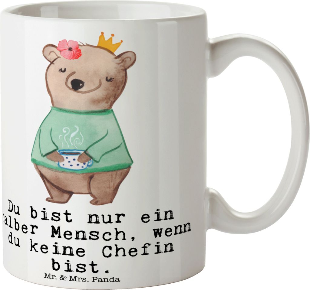 Mr. & Mrs. Panda Tasse Chefin Herz - Weiß - Geschenk, Witzig, Teetasse, Beste, Keramiktasse, Führungskraft, Pott, Kaffeetasse, CEO, Lustig, Spruc...