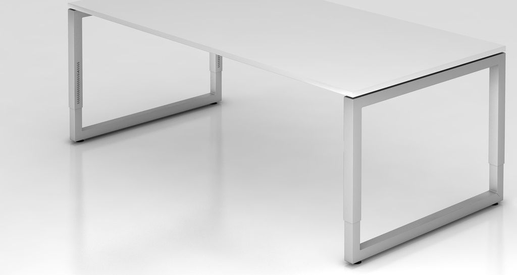 Schreibtisch Pavo | Weiß | Silber Gestell | BxT 200x100cm | Arbeitshöhe 65-85cm | höhenjustierbar, 1cm Raster | O-Fuß-Gestell eckig | Rechteckf...