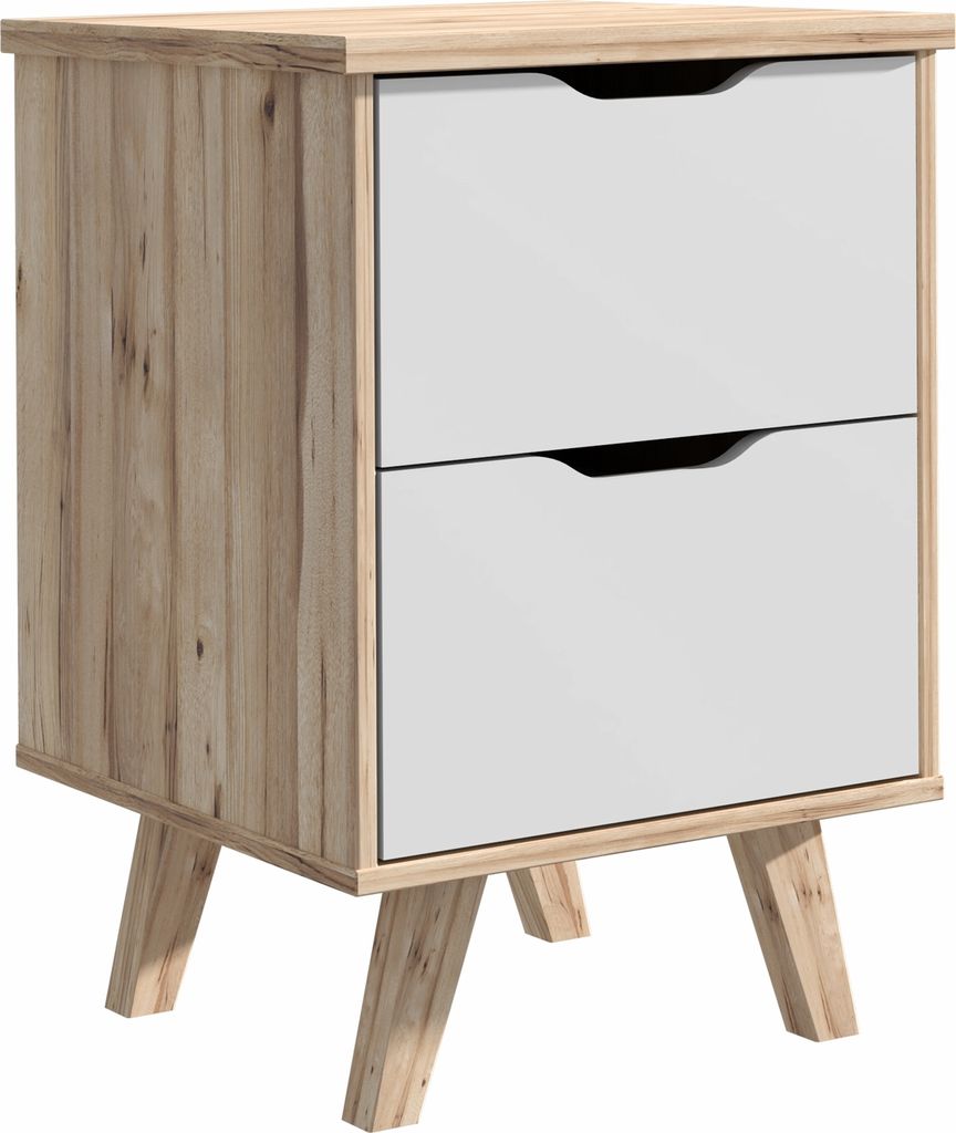 Nachtkommode >VANKKA< 2 Schübe, Planked Eiche Nachbildung / Weiss - 45x63,9x42cm (BxHxT)