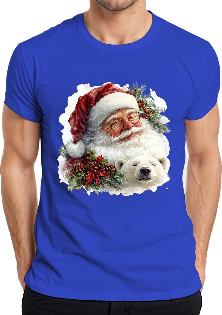 Weihnachtsmann Eisbär Tannenzapfen Stechpalme Weihnachten Vintage Herren T-Shirt, Blau, 3XL