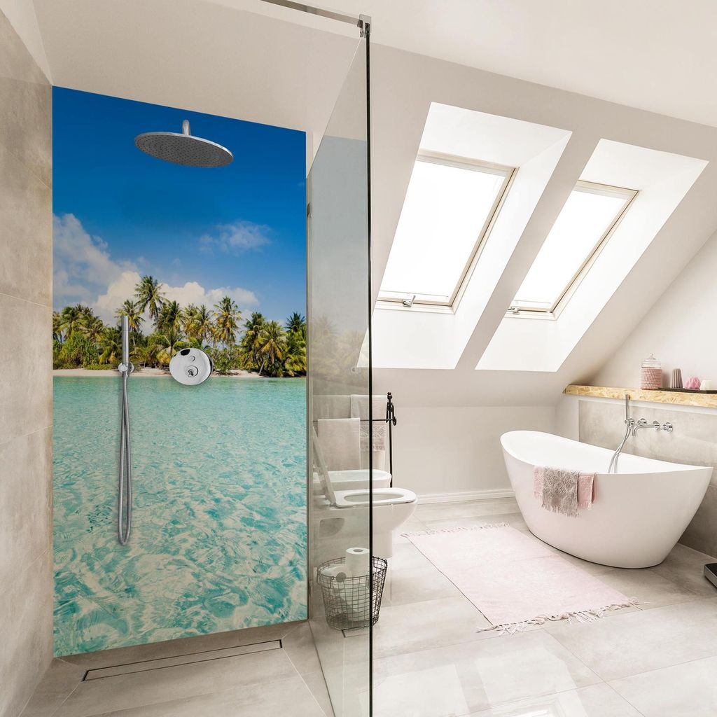 Duschrückwand Strand selbstklebend - 0.61 mm Wandpaneel wasserfest Karibik türkis Tropisch Badrückwand fugenlos Premium matt 90x190 cm