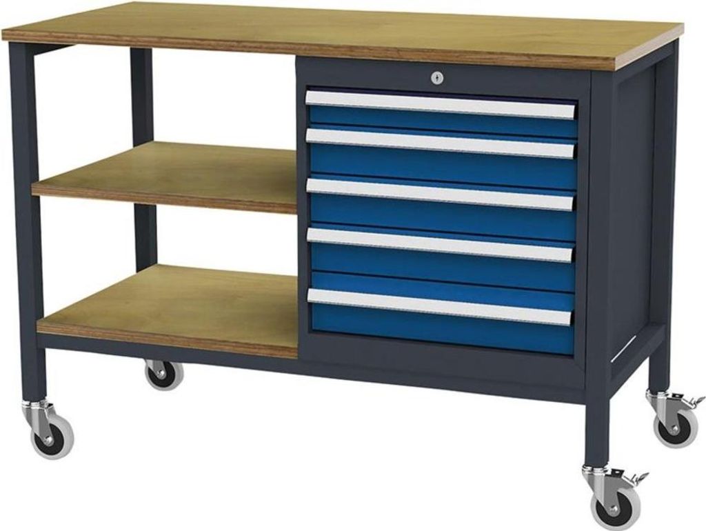 Kastenwerkbank mobil B1300mm 5 Schubladen 2 Böden RAL7016/5010, 4317784969147