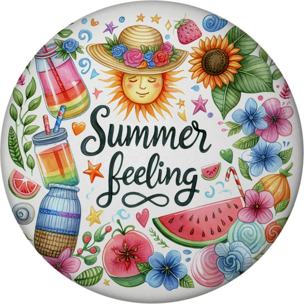 Sonne und Sommer Magnet mit Flaschenöffner rund mit Spruch Summer feeling