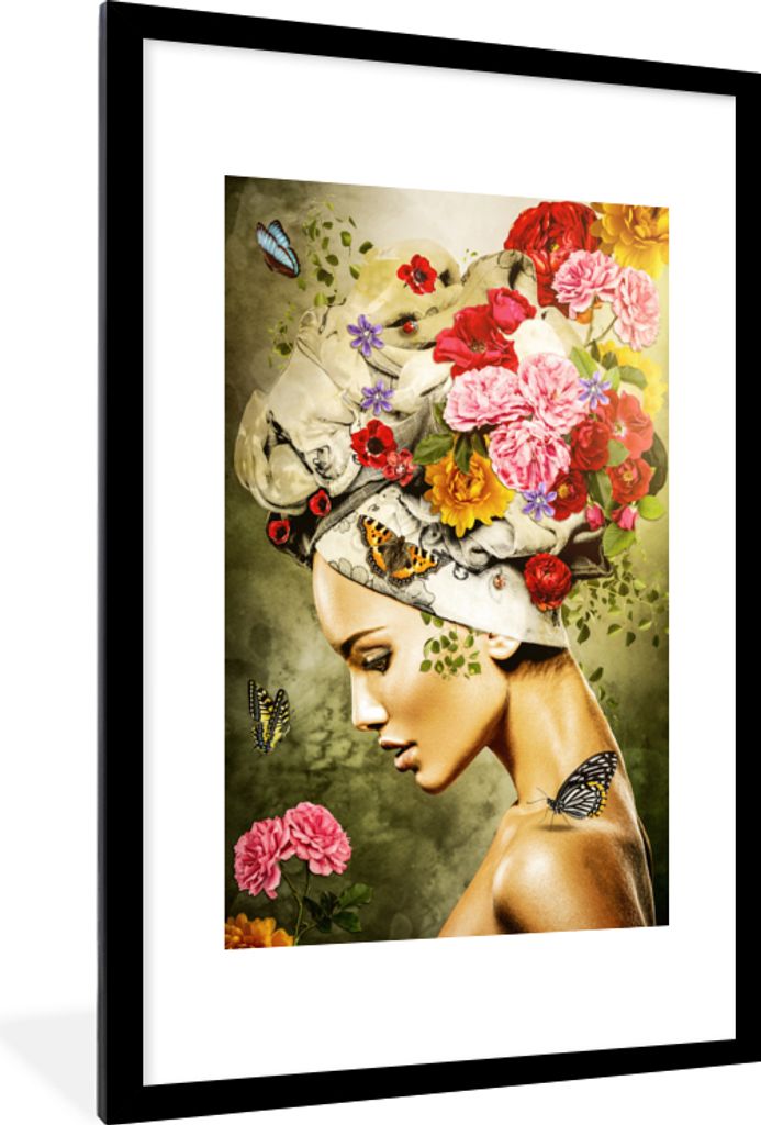 MuchoWow MuchoWow Gerahmtes Poster Frau - Blumen - Farben - Schmetterlinge - Rosen - Kopftuch 60x90 cm - Poster mit zchwarzem Bilderrahmen - De...