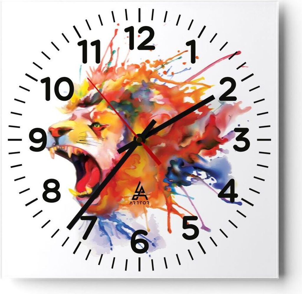 Wanduhr - Quadrat - Glasuhr - Löwe modern Malerei Tier - 40x40cm - Schleichendes Uhrwerk - Lautlos - zum Aufhängen bereit - Dekoration Modern - W...