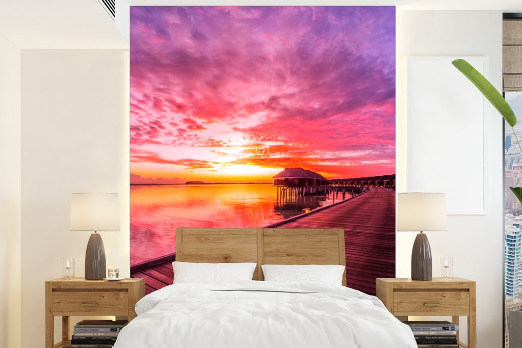 MuchoWow Fototapete für Wohnzimmer oder Schlafzimmer Wandtapete Vinyl Motivtapete Steg - Wasser - Sonne - Rosa - Horizont - 165x220 cm - Wanddek...