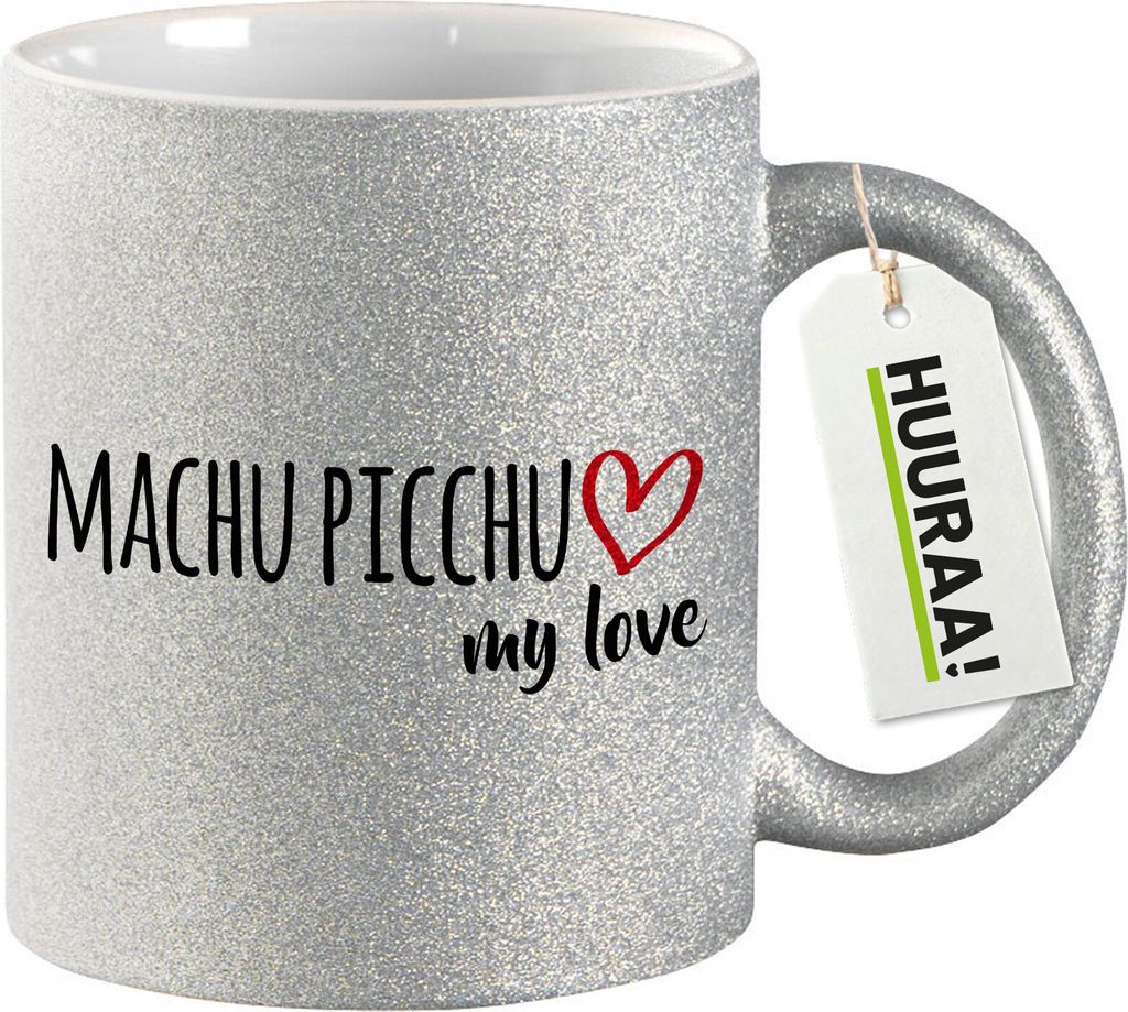 Huuraa Glitzertasse Machu Picchu my love 330ml Silber Keramik Kaffeebecher Geschenkidee