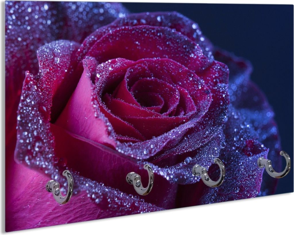 Wallario Schlüsselbrett aus Glas, Motiv: Rote Rosenblüte im Regen, 30 x 20 cm mit 4 Haken