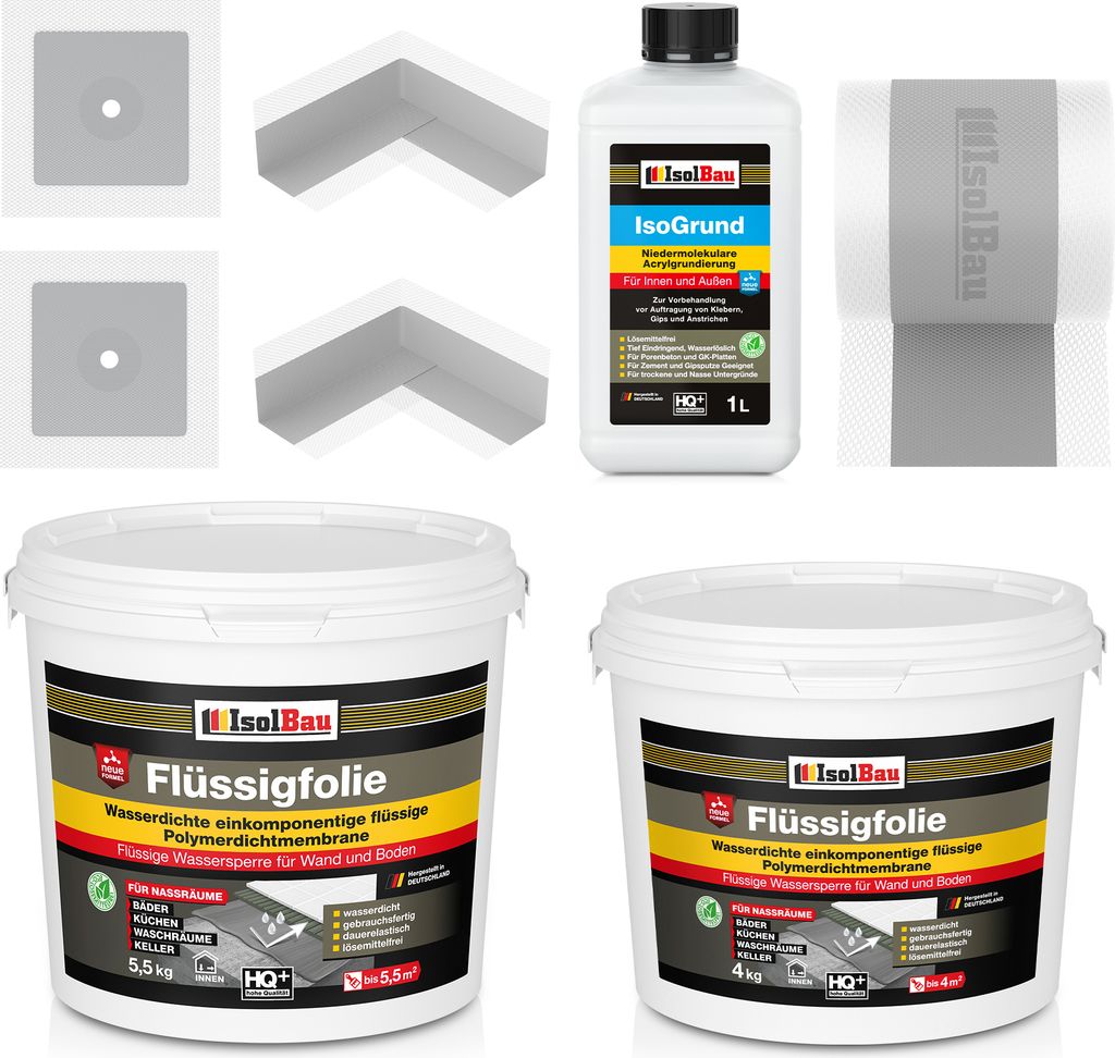 Isolbau Dicht-Set - Inkl. 1x Flüssigfolie (9,5 kg), 1x Grundierlösung (1 L), 1x Dichtband (5 m), 2x Innenecken & 2x Manschetten