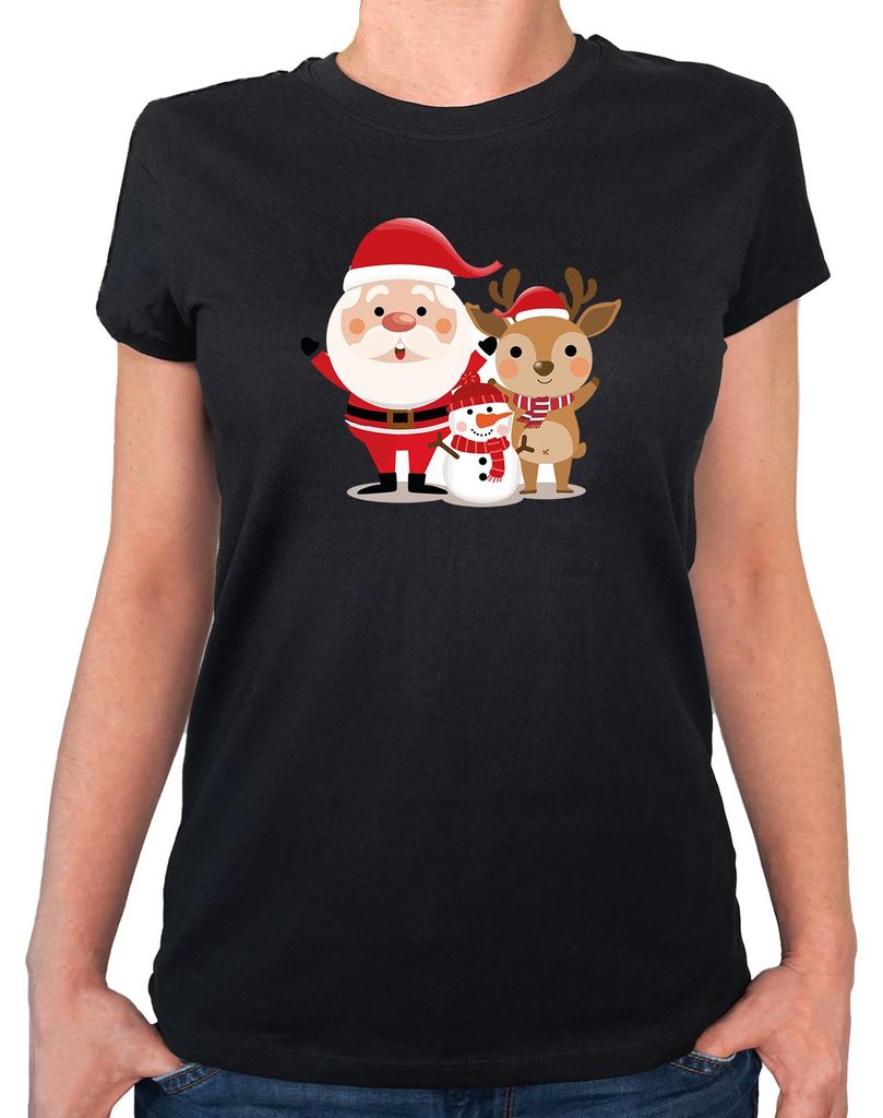 Huuraa Damen T-Shirt Weihnachtsmann Rudolph und Schneemann S Black Bio Baumwolle Fairtrade Damenshirt Geschenkidee