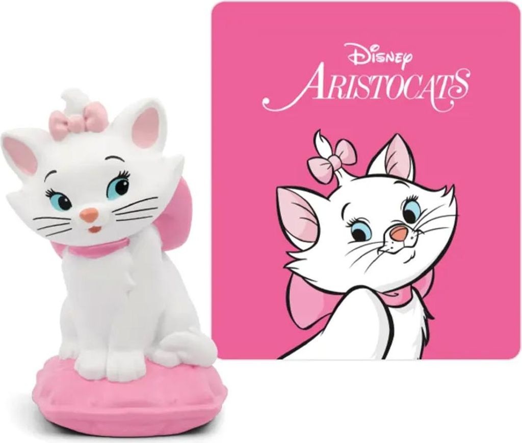 A product image featuring a figurine of the character Marie from Disney's Aristocats next to a pink card with the movie's title and a drawing of Marie.