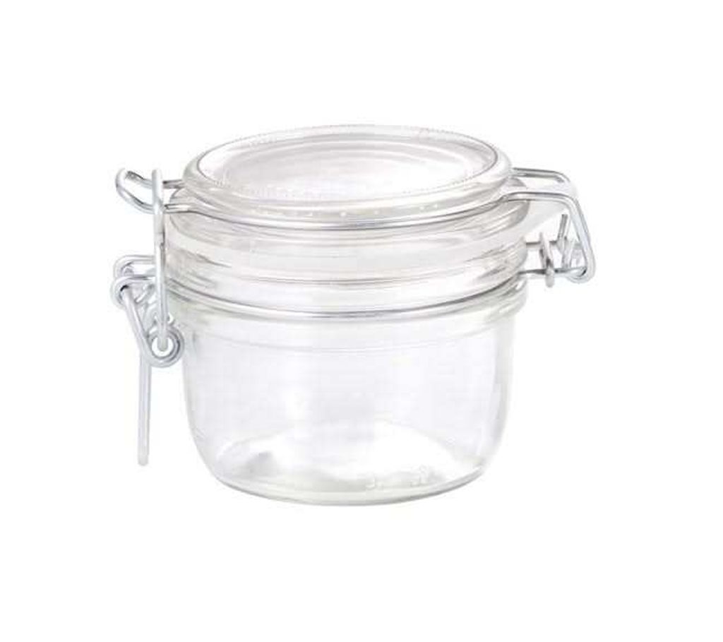 A clear glass jar with a metal clasp lid.