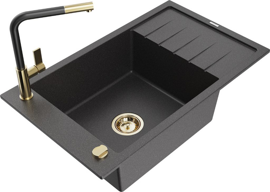Mexen Elias 1 Becken-Granitspüle mit Abtropffläche und Mischbatterie Flora, Schwarz gesprenkelt - 6511-76-670401-57-G