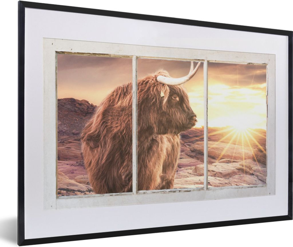MuchoWow Gerahmtes Poster Schottischer Highlander - Aussicht - Sonnenuntergang 60x40 cm - Poster mit Schwarzem Bilderrahmen Wandposter Rahmen Fot...