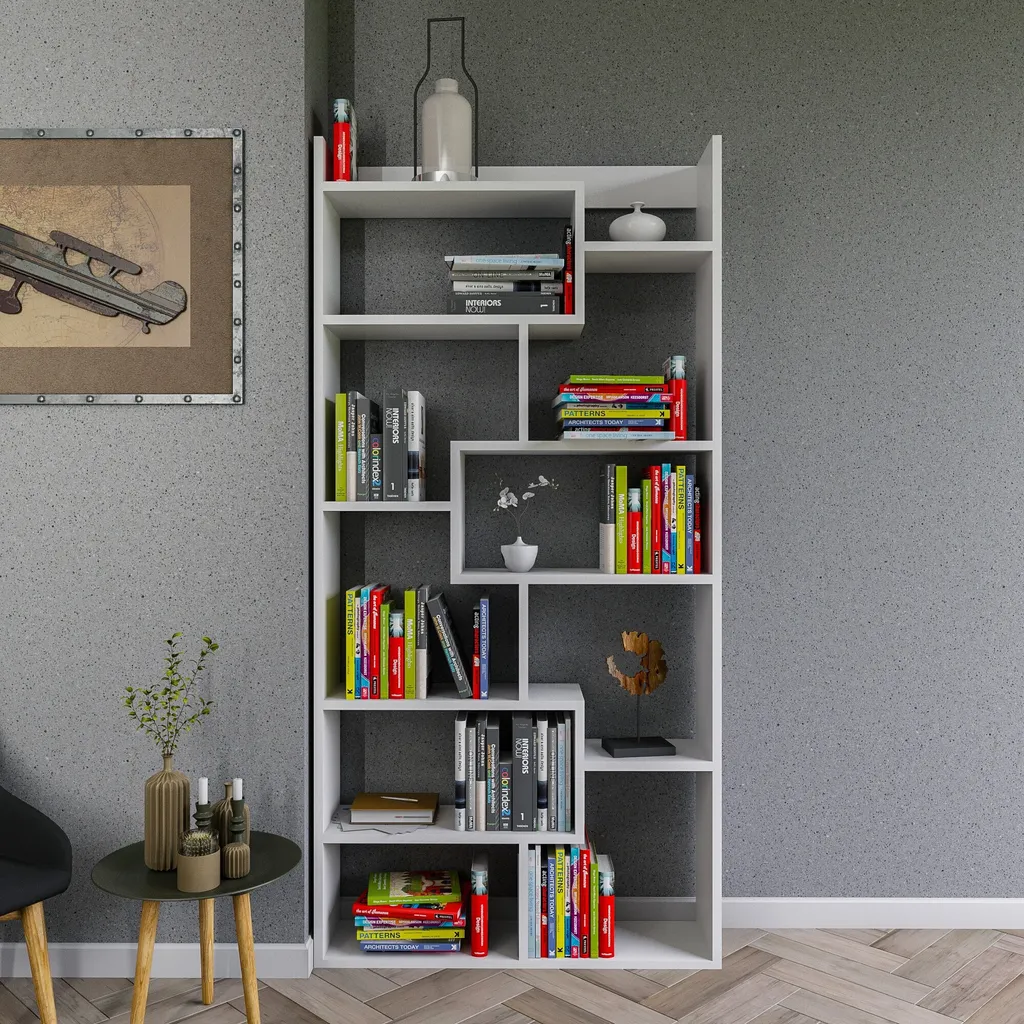 Bibliothèque Blanche Kuttap 182cm : Solution Rangement Murale Fine et Design