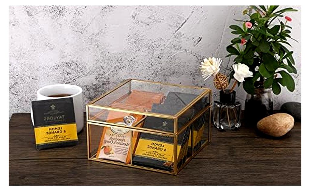 Organizer für Teebeutel aus Glas mit 4 Fächern - Moderne Aufbewahrungsbox für Tee, Kaffee, Kosmetik und Schmuck