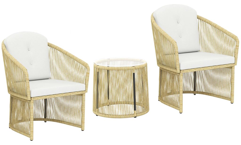 Rattan-Bistro-Set, 3-teiliges Gartenmöbel-Set mit rundem Glastisch, Sesseln und Kissen, Cremeweiß