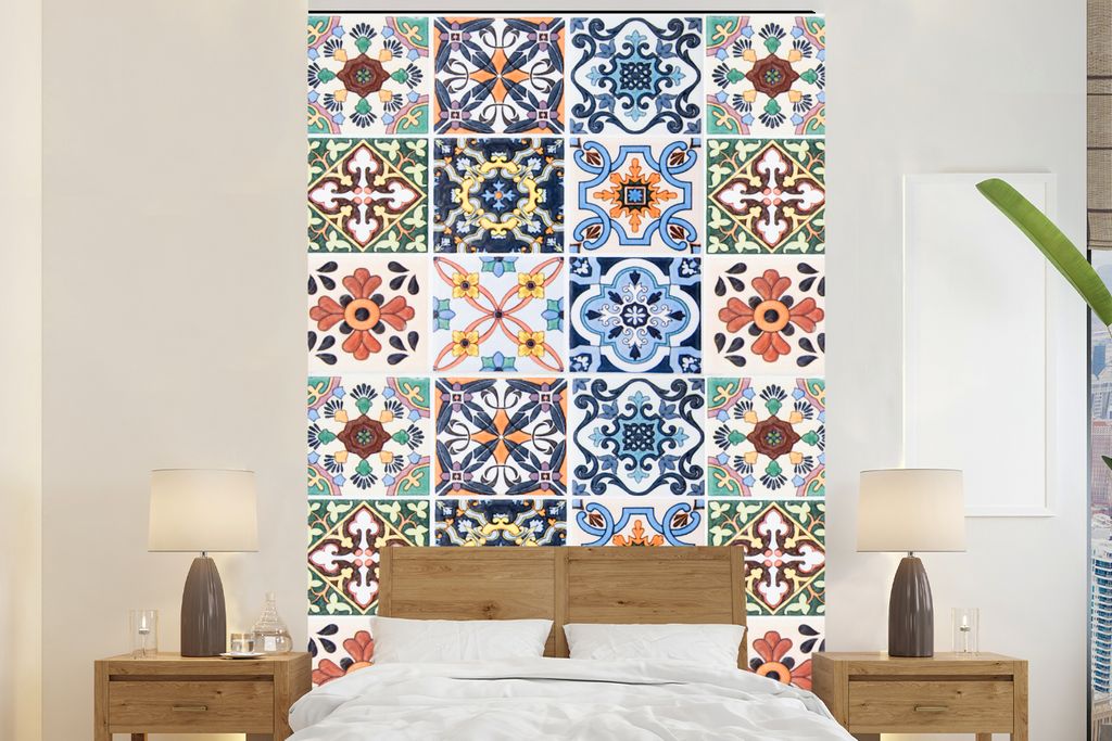 MuchoWow Fototapete für Wohnzimmer oder Schlafzimmer Wandtapete Vinyl Motivtapete Design - Blumen - Orange - Blau - Abstrakt - 180x280 cm - Wall...