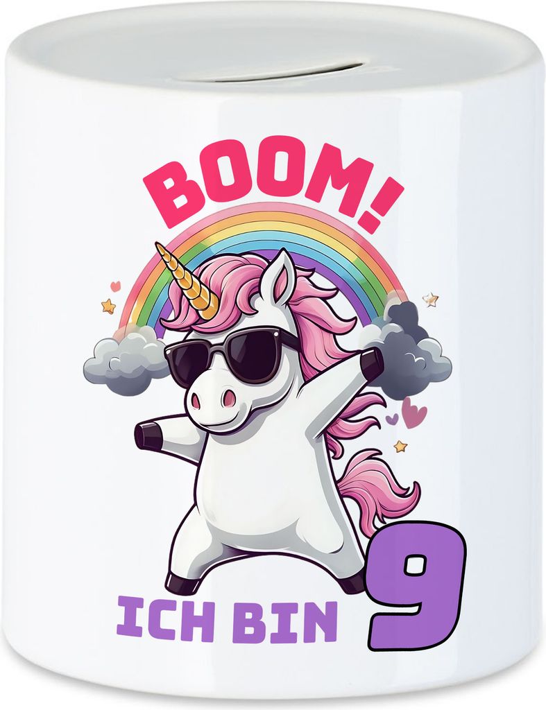 Boom Ich Bin 9 Spardose Kindergeburtstag Einhorn Geschenk Party Dabbing Regenbogen Spaß