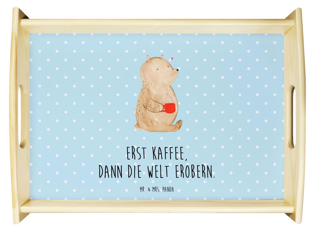 Mr. & Mrs. Panda Tablett Bär Kaffee - Blau Pastell - Geschenk, Bären, küchentablett holz, Sofa, Coffee, Teddy, Motivation, Serviertablett, Guten...
