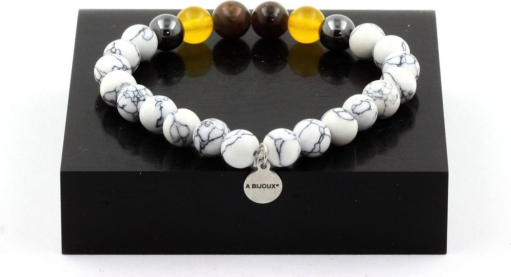 Mogok-Rubin-Perlenarmband, Burma, Myanmar + Gelber Achat + Hämatit + Howlith 8 mm