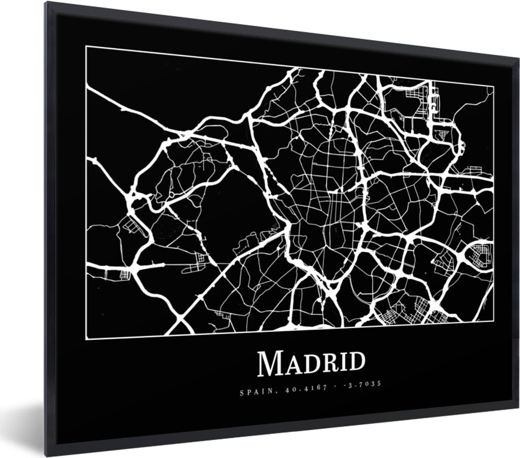 MuchoWow Gerahmtes Poster Madrid - Karte - Stadtplan 40x30 cm - Poster mit Schwarzem Bilderrahmen Wandposter Rahmen Foto Bilder - Kunstposter - W...
