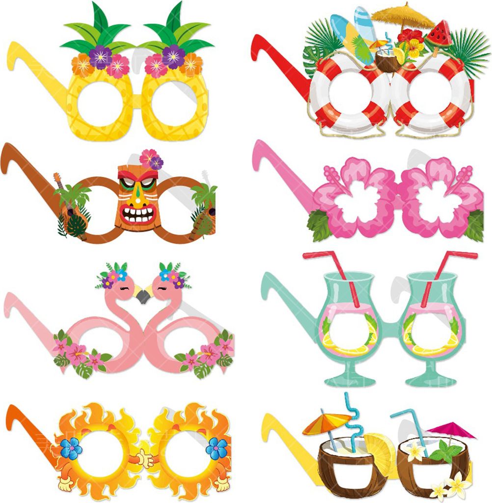 8pcs tropische Themenpartybrillen Spaß Hawaiian Papierbrillen Flamingos Palmblätter Ananas Design Kinder Sommerfeiern Stranddekoration