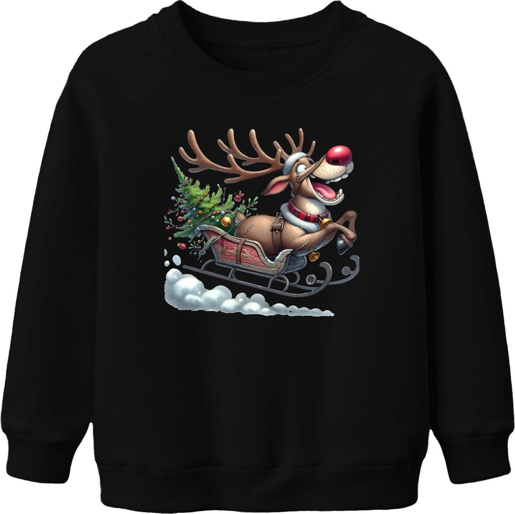 Rudolph Rentier Schlitten Weihnachtsbaum Glöckchen Cartoon Lustig Uni Kinder Sweatshirt Pullover, Schwarz, 104