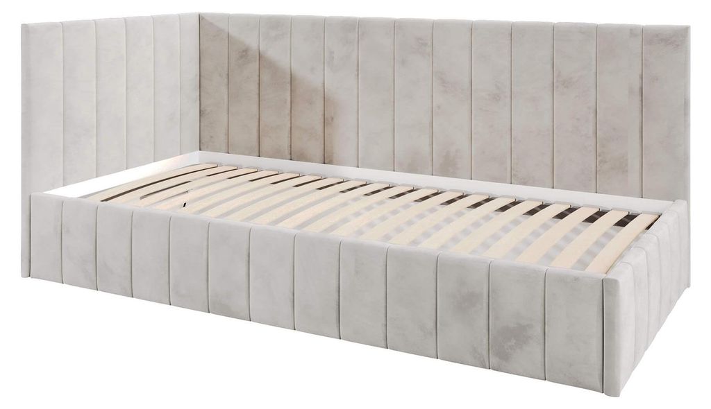 Jugendbett Denis 90x200 cm, Polsterbetten mit Bettkasten, Moderner Riviera-Stoff, Beige, Links