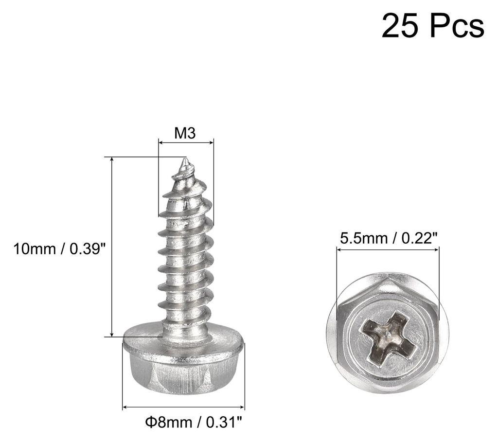 Selbstschneidende Schrauben mit Kreuzschlitz-Sechskantscheibe, M3 x 10 mm, Sechskantflansch-Blechschraube aus Edelstahl 304, 25 Stš¹ck