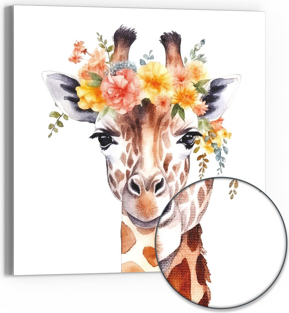 DEQOART Hybrid Leinwand Bild 50x50 cm 'Blumige Giraffenfreude' Wandbild Glas flach modern