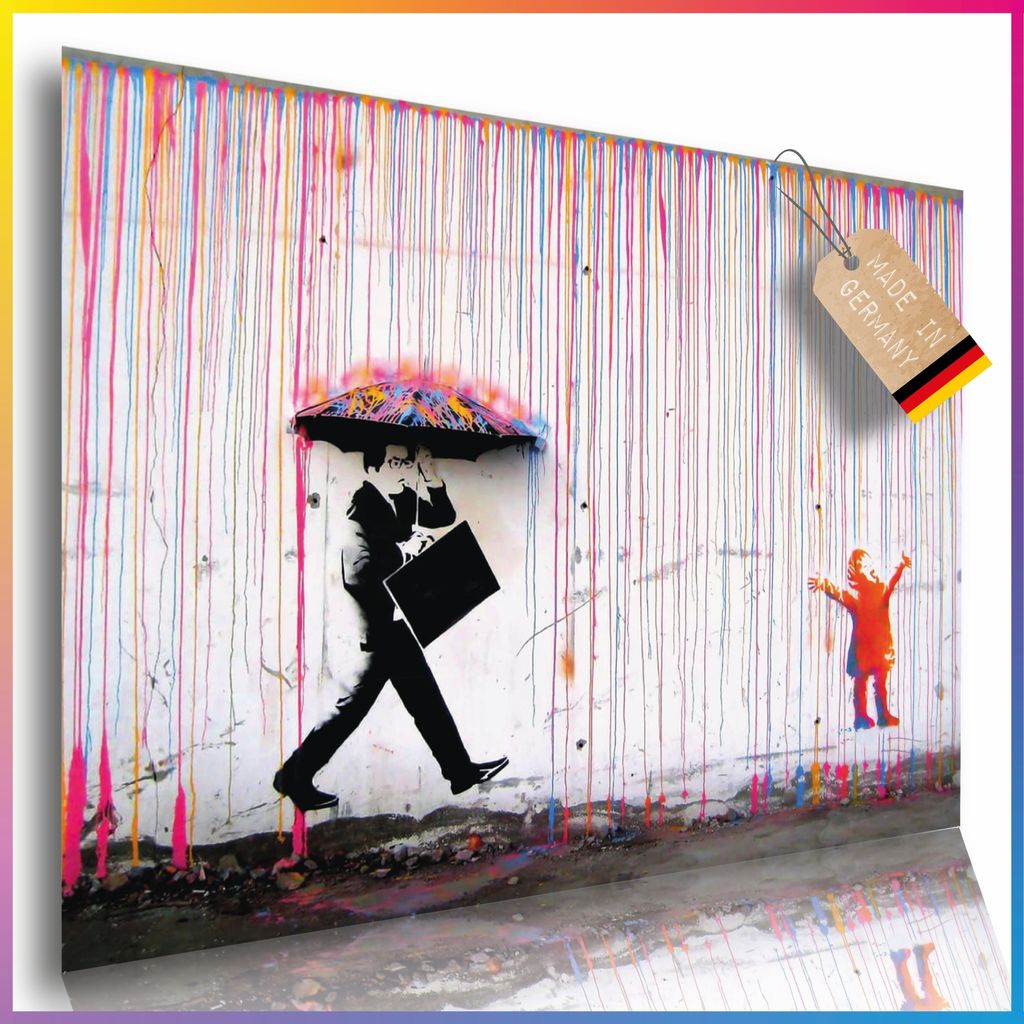 Poster Kind im Regen Banksy Kunstdruck Wall-Art 60 x 42 cm Art Modern Bild Street Art Graffiti Wandposter Loft Wohnzimmer (Colored Rain)