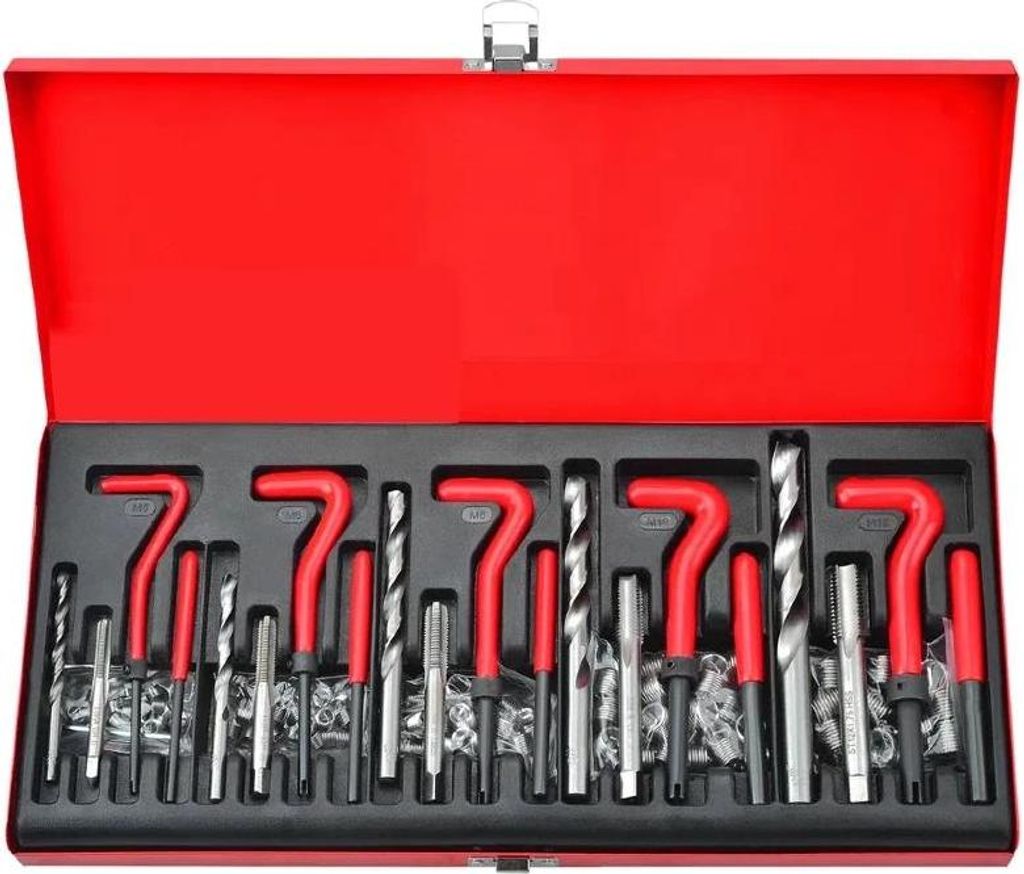 Gewindereparaturset - Gewindereparatur-Werkzeug - 131 Teile - M5 M6 M8 M10 M12 - Gewindeeinsätze, Bohrer und Gewindeschneider - Für Metall - Rot