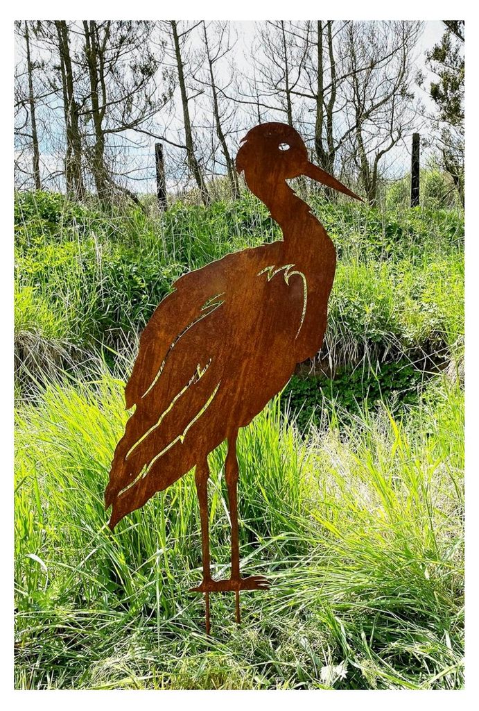 Stehender Reiher 75x43cm + Stäbe Gartenstecker Edelrost Gartendeko Wetterfest Rost Teichdeko Metall Kranich Storch