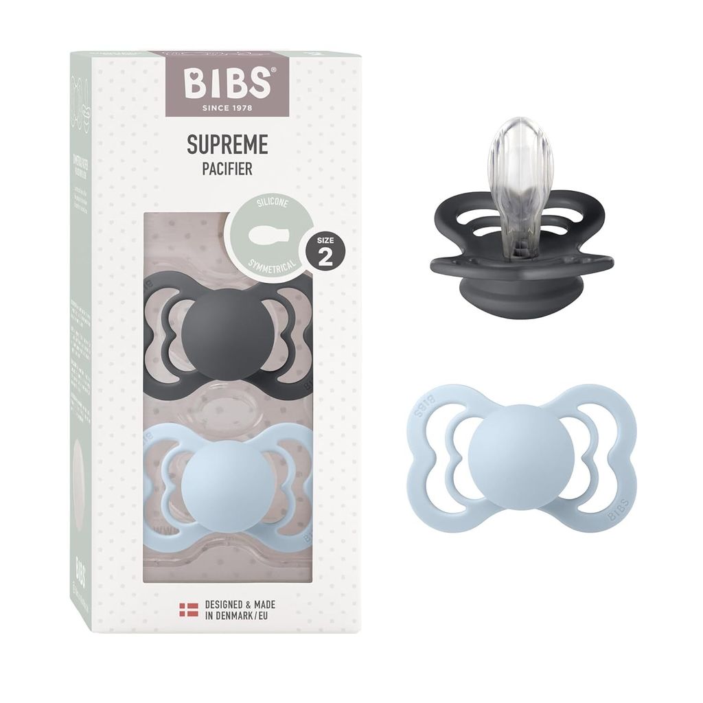 BIBS Supreme Schnuller 2er-Pack, BPA-frei, Symmetrischer Nippel. Silikon, Hergestellt in Dänemark. Größe 2 (6-18 Monate), Iron / Baby Blue