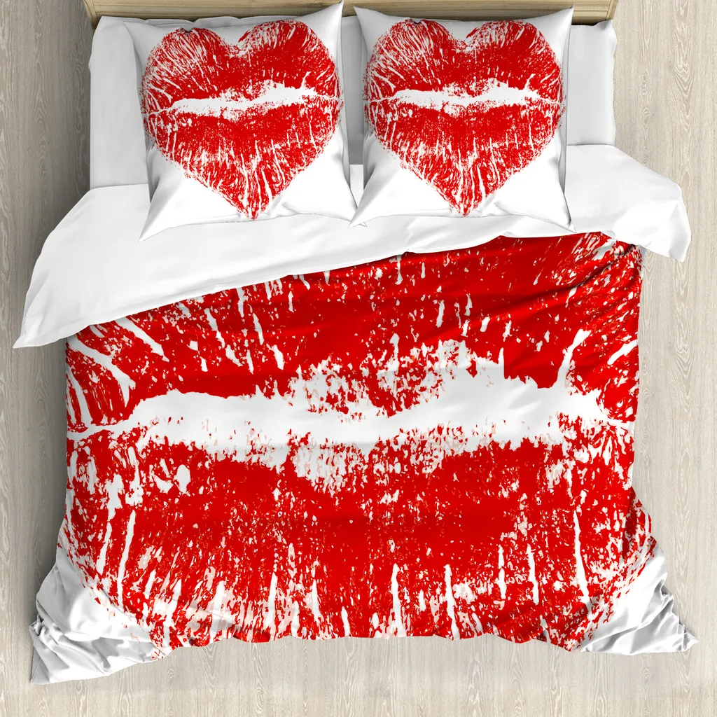 Parure de lit rouge et blanc motif lèvres cœur avec housse de couette