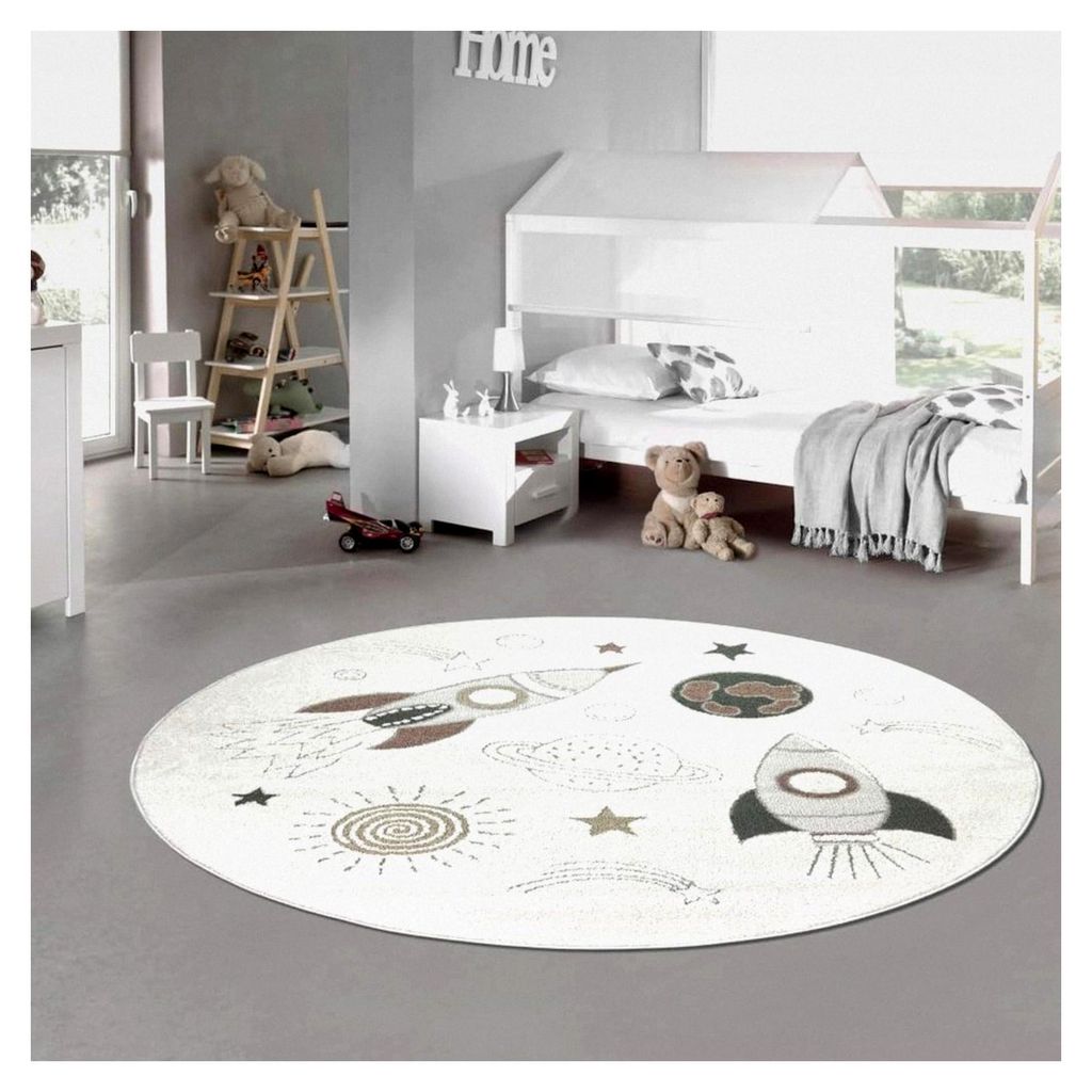 Runder Teppich für das Babyzimmer, Kinderzimmer und Spielzimmer mit Weltraum-Motiv, bunt, pflegeleicht, hygienisch, weich, langlebig, modern, Crem...