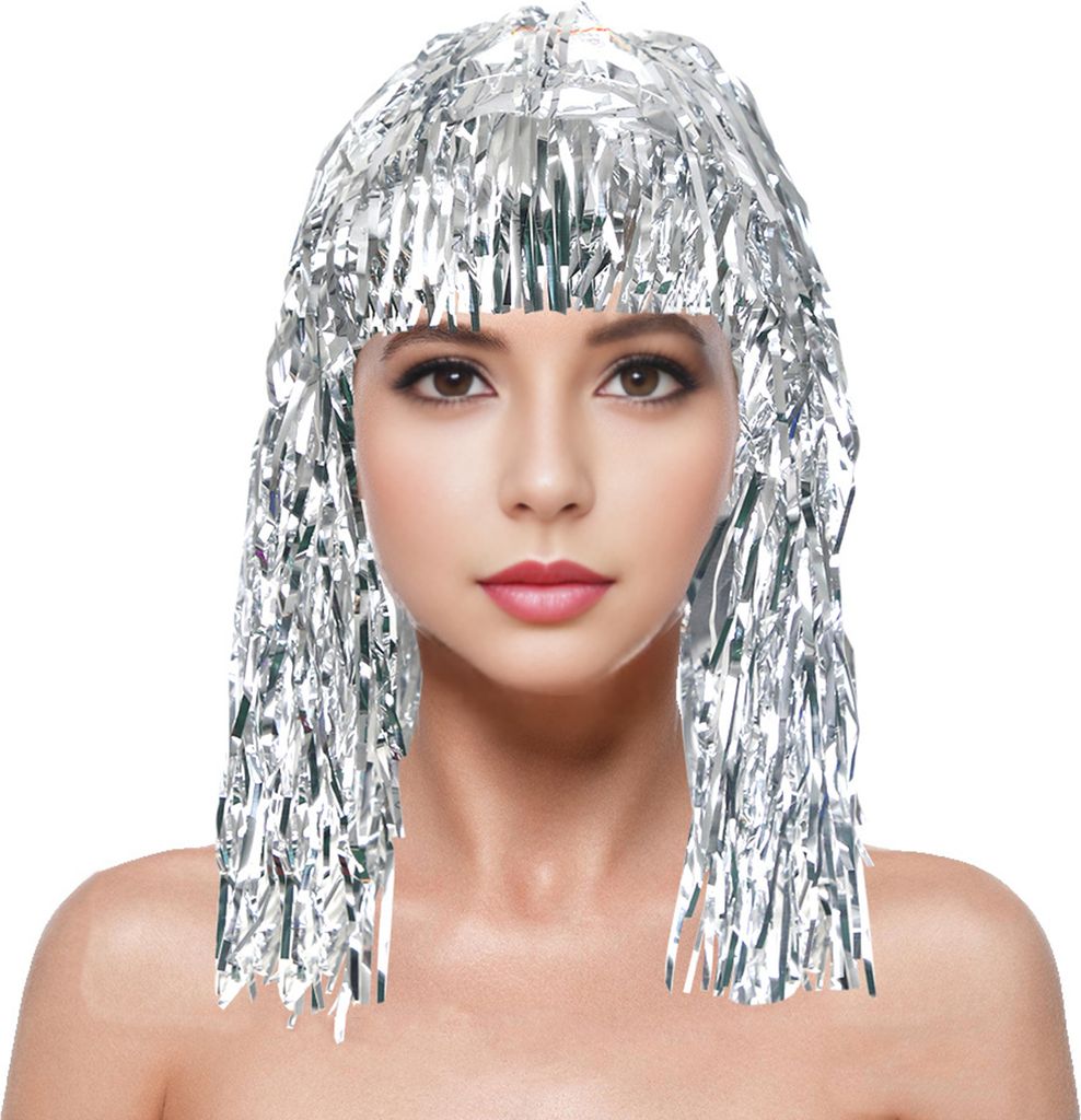 Folien-Lametta-Perücken für Erwachsene, Kostümparty, glänzende Lametta-Perücke, metallischer Maskerade-Diskohut für Fotoautomaten-Requisiten,...