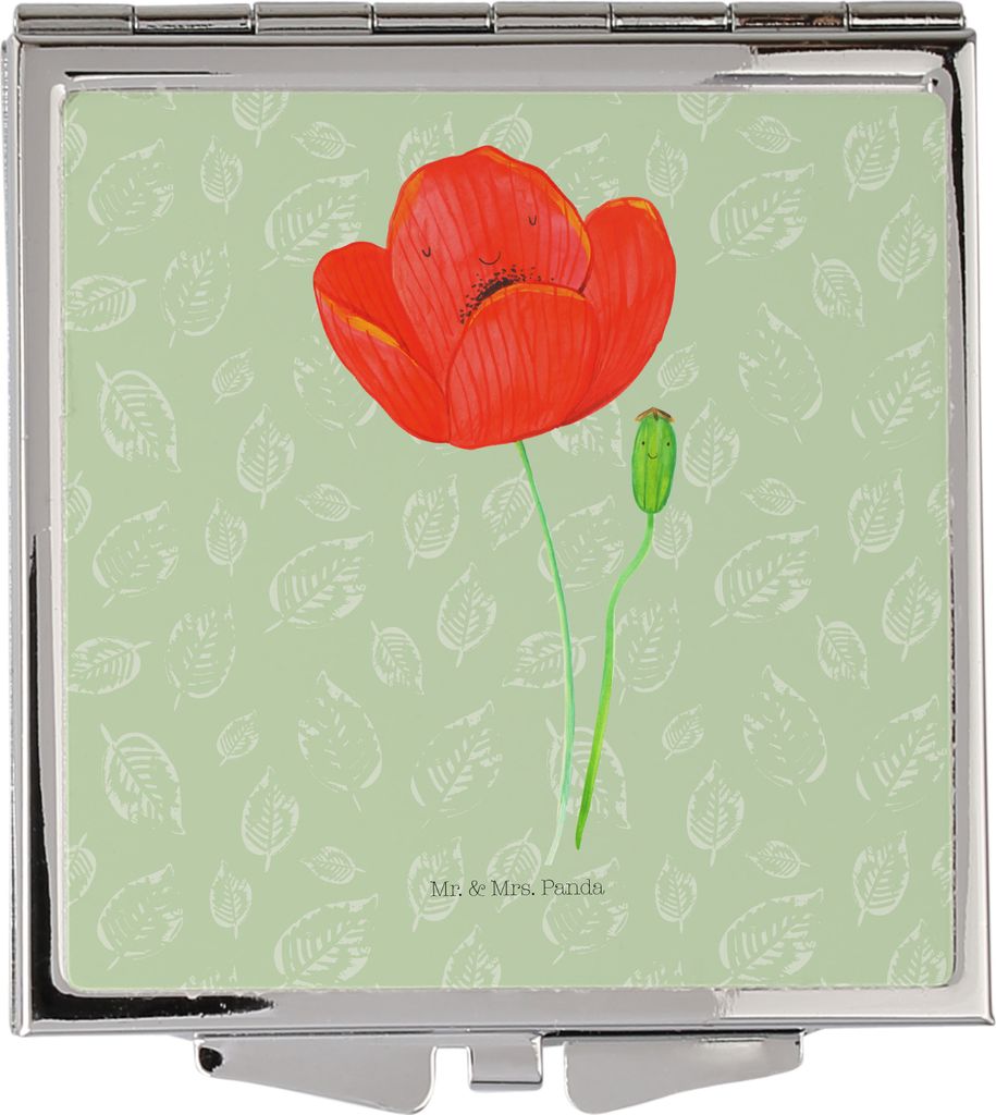 Mr. & Mrs. Panda Kosmetikspiegel Blume Mohnblume - Blattgrün - Geschenk, Mohn, Religion, Garten, Schminkspiegel klein, Glaube, Handspiegel, Tasche...