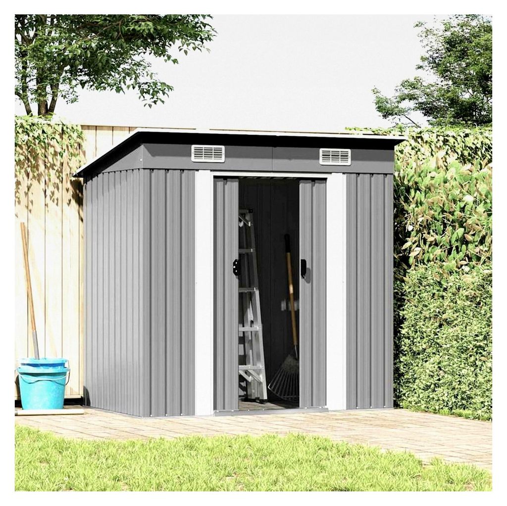 Gartenschuppen aus verzinktem Stahl, grau, 190x124x181 cm, 2 Entlüftungsöffnungen, für Werkzeuge und Geräte