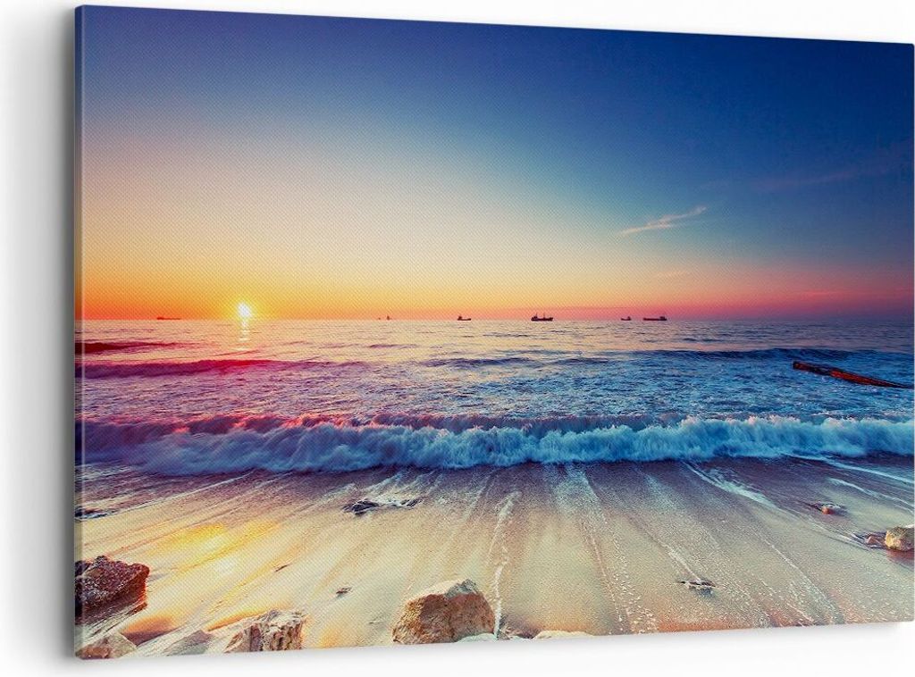 Bild auf Leinwand - Leinwandbild - Meer Strand Welle - 120x80cm - Wand Bild - Wanddeko - Wandbilder - Leinwanddruck - Bilder - Kunstdruck - Wanddek...