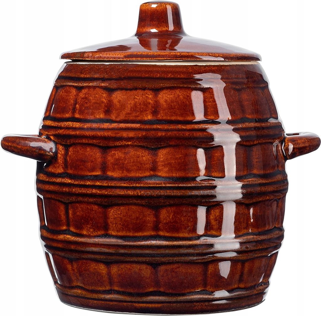 A brown ceramic pot with a lid and handles, designed to look like a barrel.