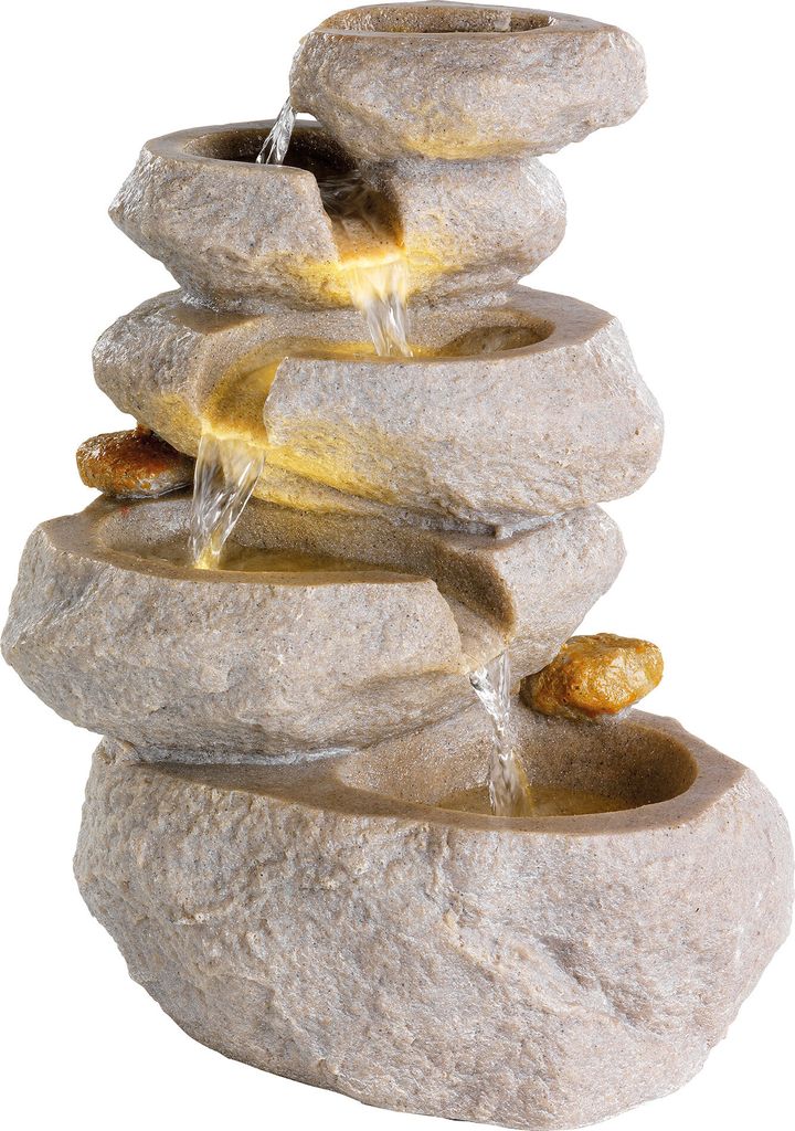Springbrunnen Felswasserfall mit LED Beleuchtung 35cm Keramik Beige