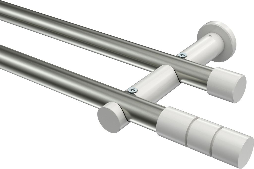 Interdeco Gardinenstange / Vorhangstange Edelstahl-Optik / Weiß, Typ Platon Elanto (Rillenzylinder) ohne Ringe, 20 mm Ø 2-läufig, 240 cm