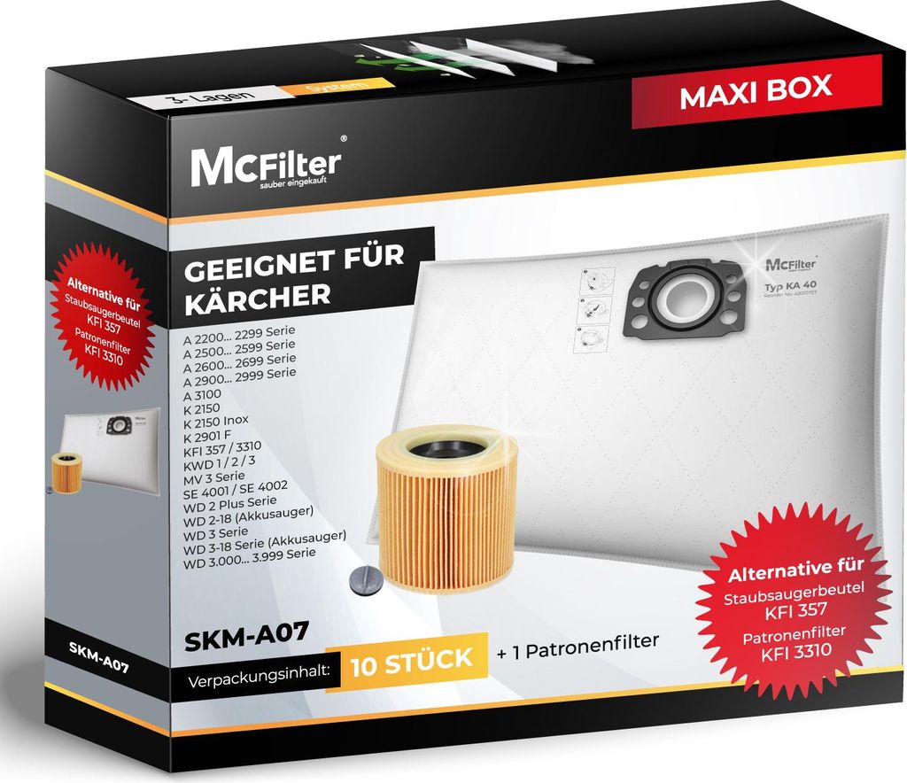 McFilter | 10 Staubsaugerbeutel + Patronenfilter geeignet für Kärcher KFI 357, WD 2 Plus, WD 3, KWD 1-3, SE 4001, SE 4002 | passend wie 2.863-314.0