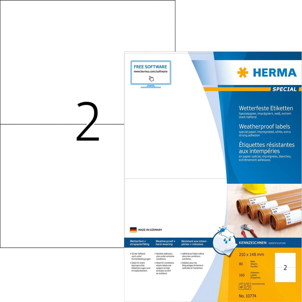 HERMA Wetterfeste Etiketten aus Spezialpapier, 210 x 148 mm weiß, aus Papier, imprägniert, selbstklebend,