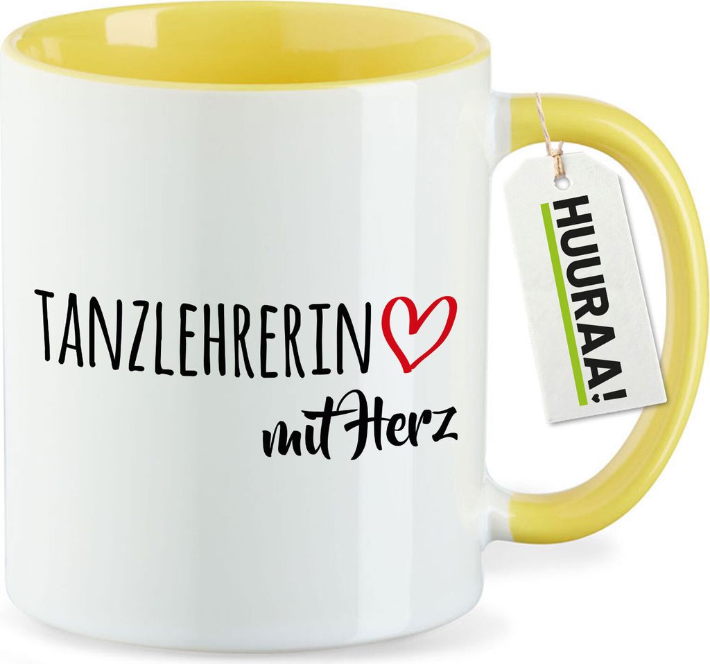 Huuraa Kaffeetasse Tanzlehrerin mit Herz 330ml Gelb Keramik Kaffeebecher Geschenkidee