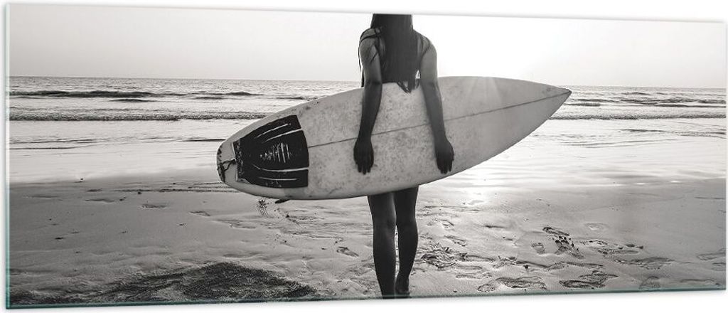 Bilder auf glas - Einteilig - Frau Strand Surfen - 140x50cm - Glasbilder - Wandbilder - Bilder - zum Aufhängen bereit - Wanddekoration aus Glas - ...